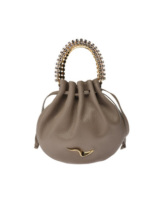 AYLA BAG - TAUPE CALF LEATHER - BLACK DIAMOND & CRYSTAL STONES - GOLD HARDWARE