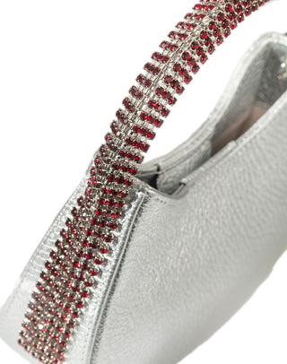 KODA Mini BAG - LIGHT SILVER LEATHER - RED GARNET STONES - SILVER CHAIN