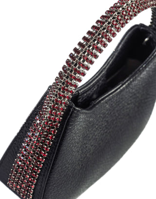 KODA Mini BAG - BLACK SHIMMER LEATHER -  RED GARNET STONES - SILVER CHAIN