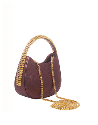 KODA Mini BAG - PLUM SHIMMER LEATHER - YELLOW & LIGHT PEACH STONES - GOLD CHAIN
