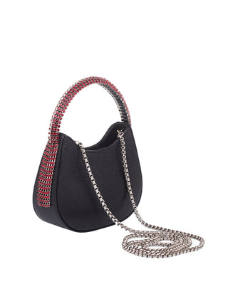 KODA Mini BAG - BLACK SHIMMER LEATHER -  RED GARNET STONES - SILVER CHAIN