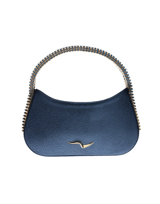 KODA BAG - NAVY CALF LEATHER - AQUA MARINA & MONTANA STONES - GOLD HARDWARE
