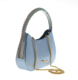 KODA BAG - LIGHT BLUE CALF LEATHER - AQUA MARINA & MONTANA STONES - GOLD HARDWARE