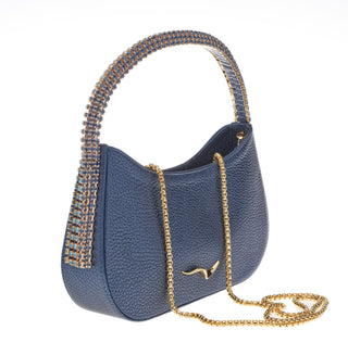 KODA BAG - NAVY CALF LEATHER - AQUA MARINA & MONTANA STONES - GOLD HARDWARE